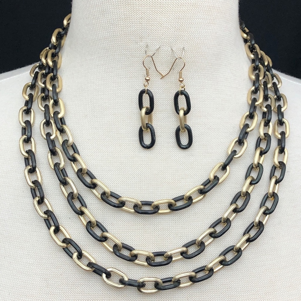 Gold & Black Chunky Chain Layered Necklace Earrings Set